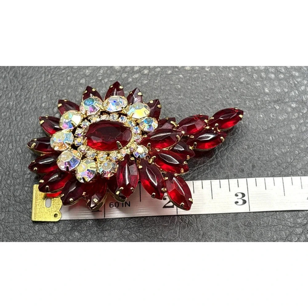 VTG Juliana Red Rhinestone Flower Brooch Aurora Borealis Crystal Gold Tone